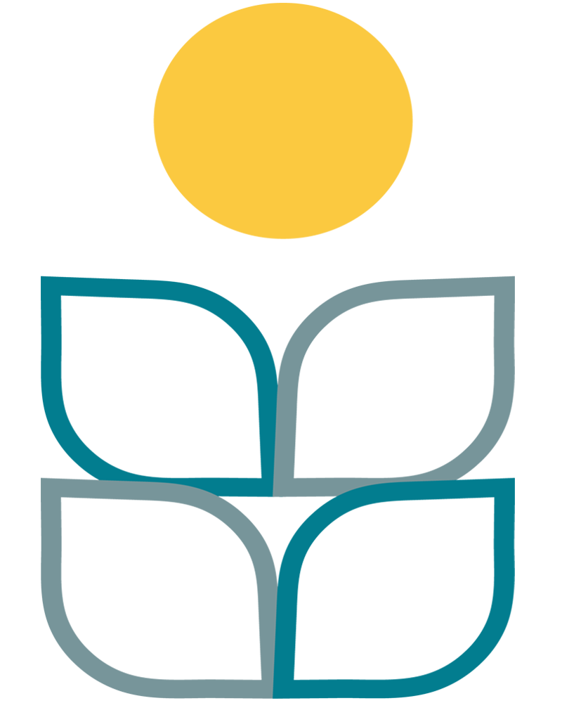 A stylized logo with four teal and gray leaf shapes arranged in a square, topped by a large yellow circle representing the sun.